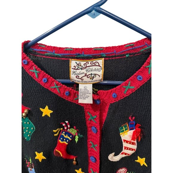 Vintage Christmas Stocking Embroidered Cardigan Sweater Black Red Womens Large - Picture 4 of 6